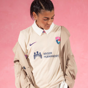 Kenza Dali wearing the 2026 Wave jersey, the San Diego Wave FC Balboa Park kit