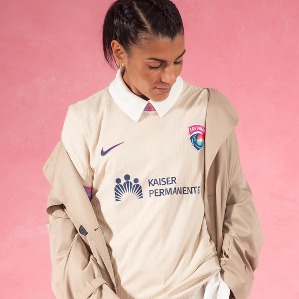 Kenza Dali wearing the 2026 Wave jersey, the San Diego Wave FC Balboa Park kit